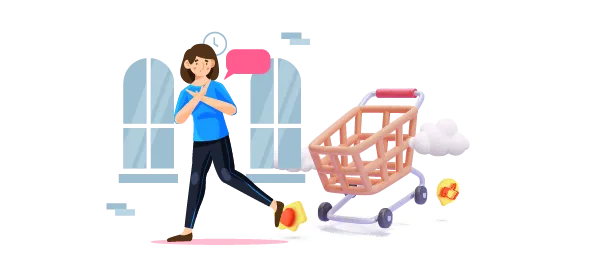 Illustration of a shopper crossing her arms and walking away from a shopping cart