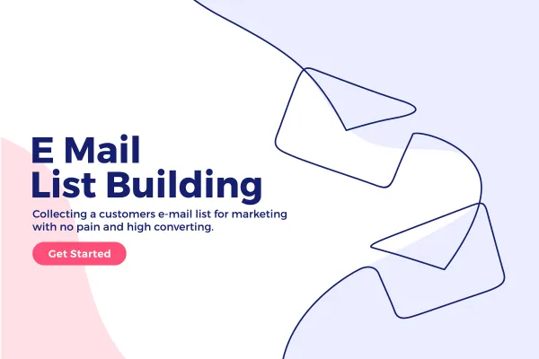 Email 名單建立(E Mail List Building)插圖:飛出的信封線條圖,搭配「收集客戶 Email 名單做行銷」的標語