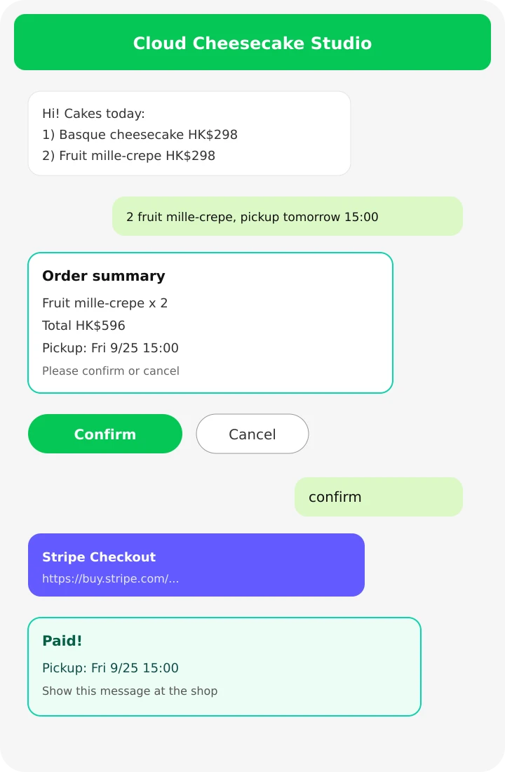 Simulated LINE chat: browse, confirm, pay, pickup-time push