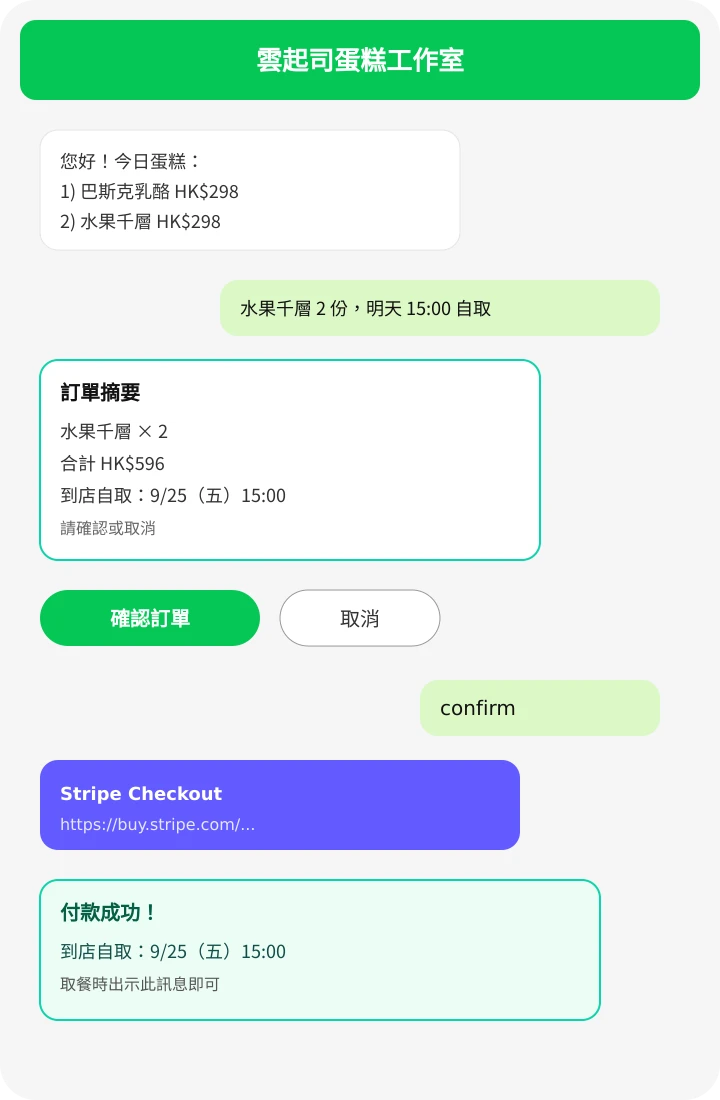 模擬 LINE 對話：聊天選品、確認、付款、自取時間回推