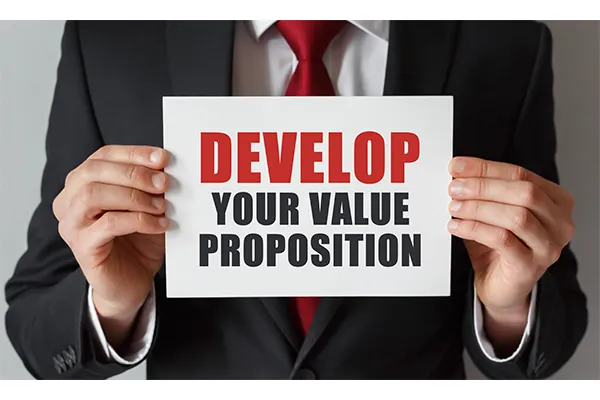 商務人士雙手舉著一張寫有 DEVELOP YOUR VALUE PROPOSITION(建立您的價值主張)的卡片