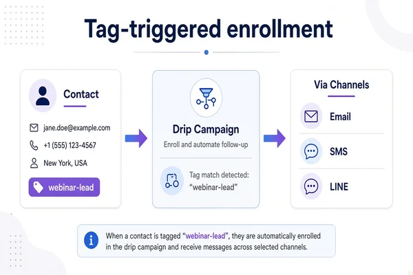 標籤觸發入學:聯絡人貼上 webinar-lead 標籤後,自動進入 Drip 並經 Email、SMS、LINE 發送