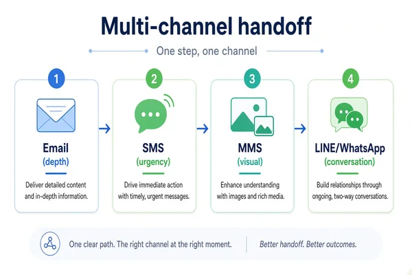 Multi-channel handoff: Email (depth) → SMS (urgency) → MMS (visual) → LINE/WhatsApp (conversation)