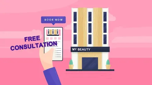Illustration of a hand holding a phone and tapping "BOOK NOW" for a free consultation at a building labeled MY BEAUTY