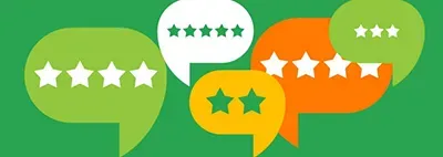 Speech bubbles on a green background showing five-, four-, three- and two-star ratings