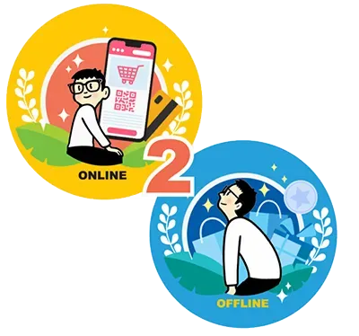 Illustration of a person shopping and scanning a QR code on a phone (online) linked by the number 2 to a person looking up at a store (offline)