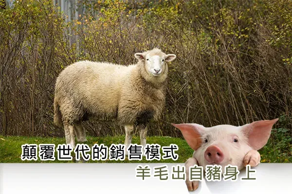 草地上站著一隻綿羊,右下角一隻小豬探出頭來,圖上寫著「顛覆世代的銷售模式」