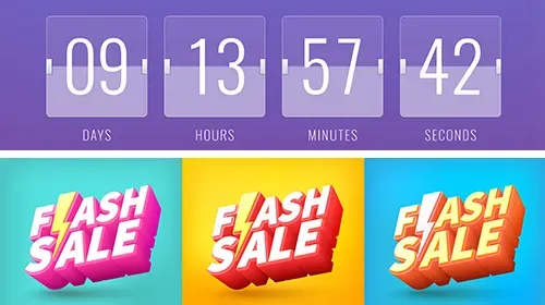 翻頁式倒數計時器顯示 09 天 13 時 57 分 42 秒,下方是三張「FLASH SALE」限時搶購圖示