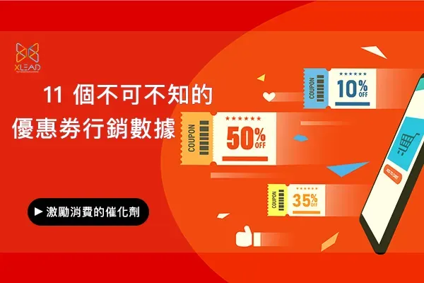 紅色橫幅上飛出寫著 10%、50%、35% OFF 的優惠券,指向一支顯示購物車的手機,標題為「11 個不可不知的優惠券行銷數據」