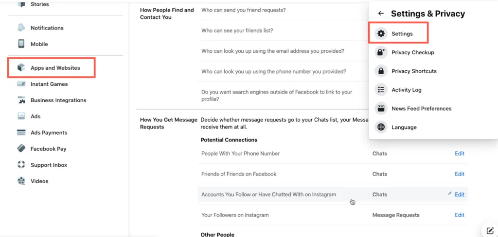 Data Deletion Step 3 – Apps and Websites Settings